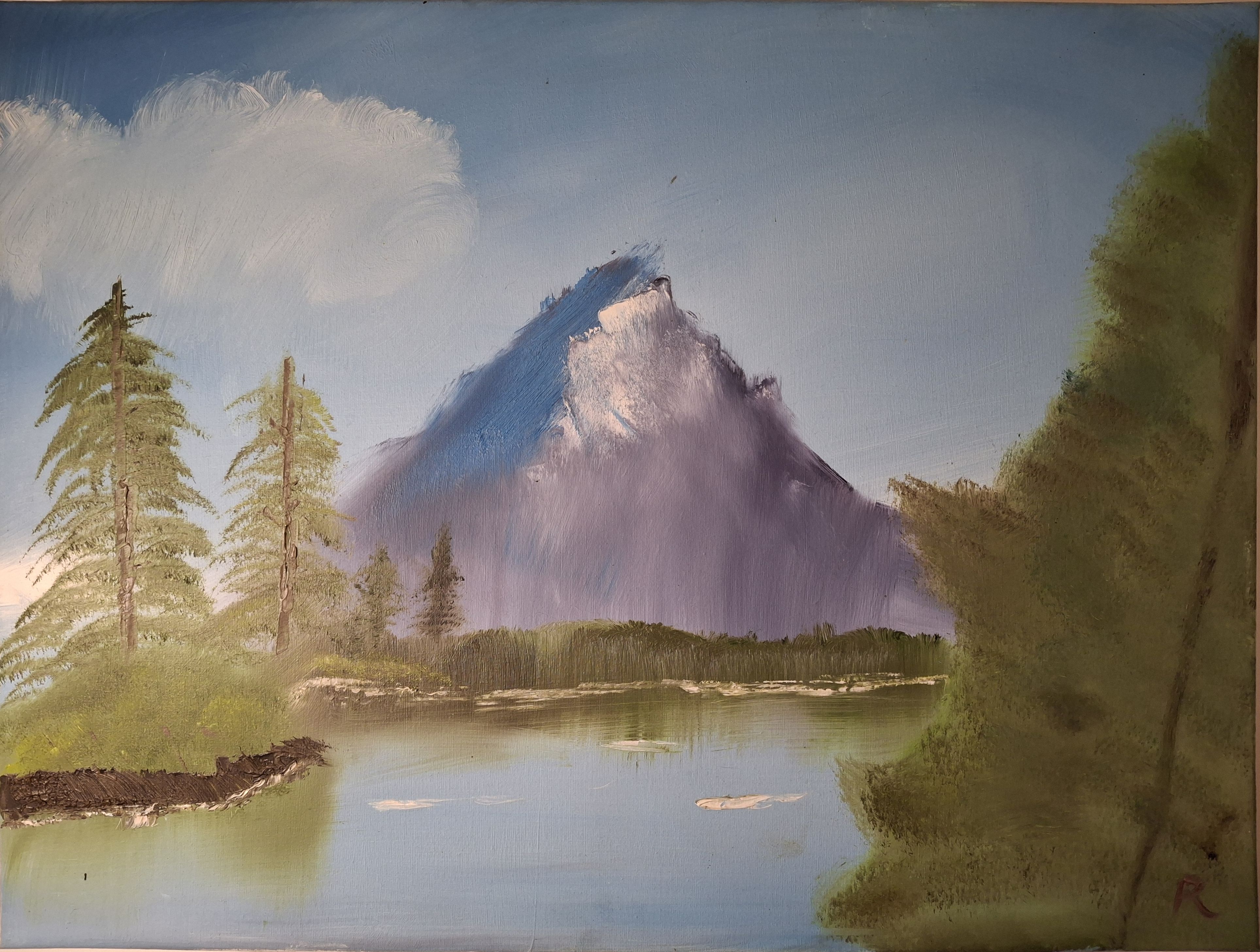 A painting of a mountain in the distance below a partly-cloudy sky, with trees and a river in the foreground